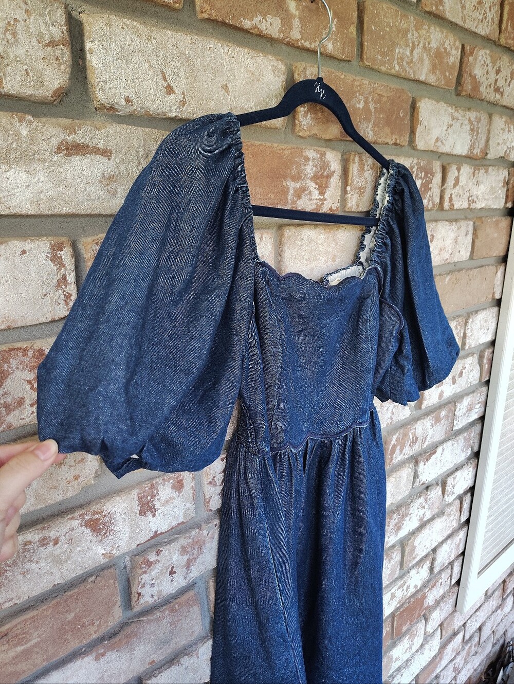 Entro Denim Babydoll Mini Dress M Blue Scalloped Neck Puff Bubble Sleeve Pockets - Picture 5 of 9